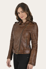 Women’s Tobacco Linc Biker Leather Jacket Tobacco