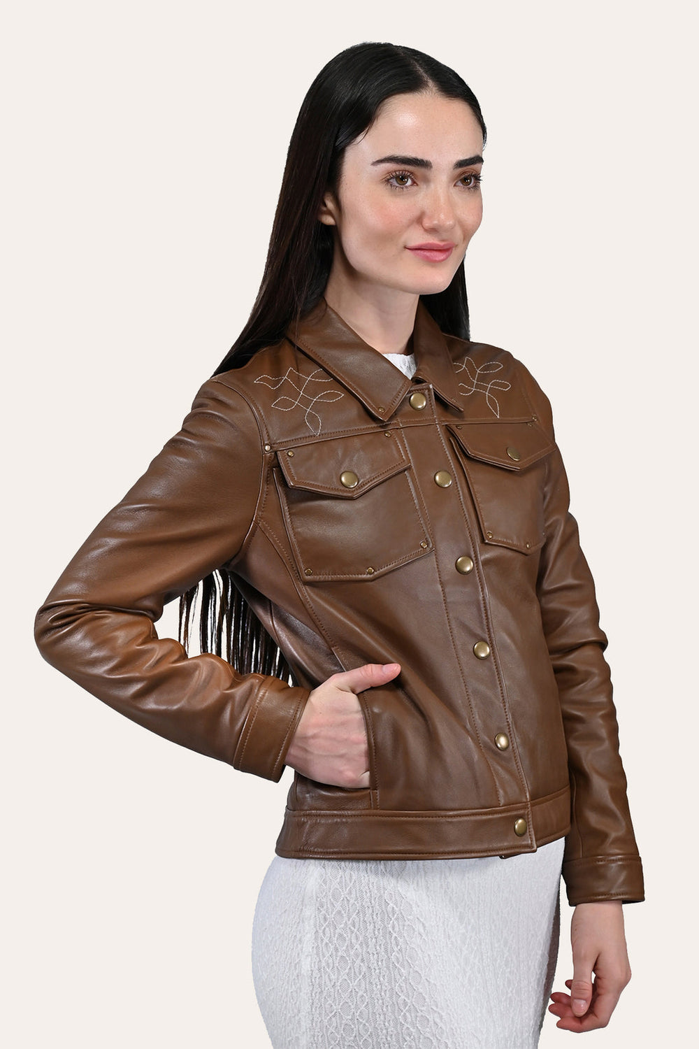 Women’s Medium Brown Callum Trucker Leather Jacket Medium Brown