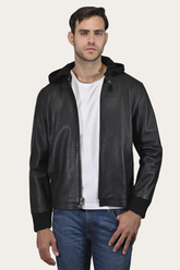 Men’s Black Saddle Racer Leather Hooded Jacket Black