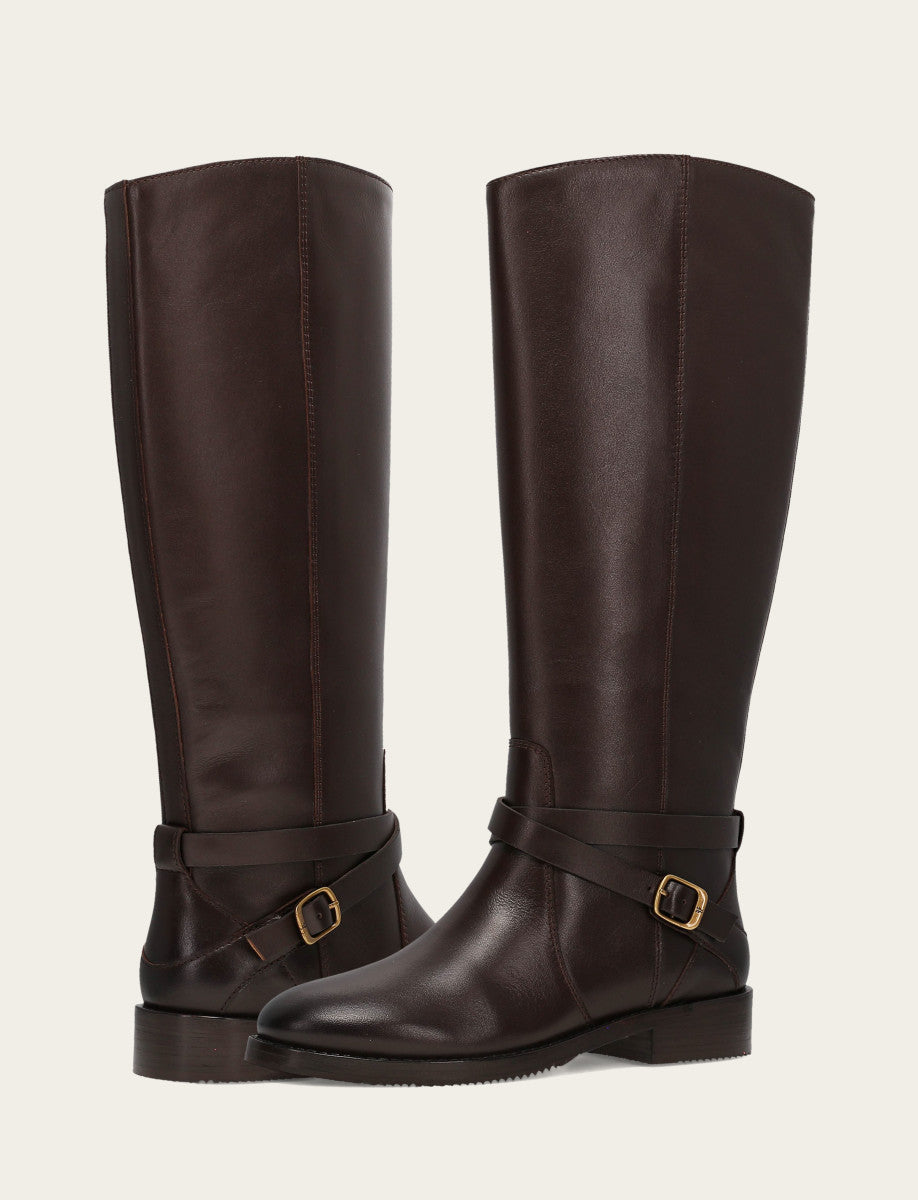 Women's Dark Brown Melissa Belted Riding Wide Calf Boot Dark Brown