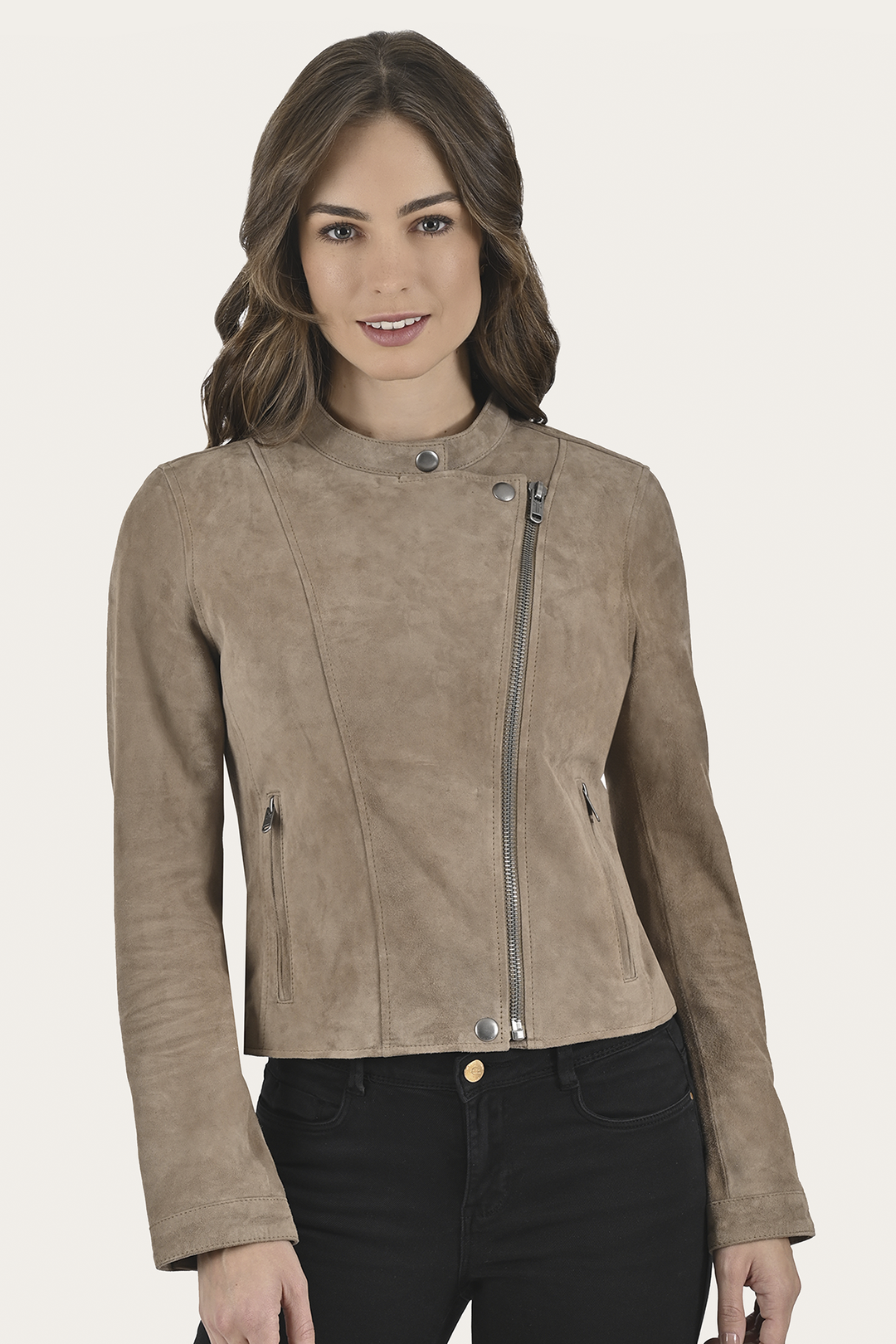 Women’s Taupe Jace Hybrid Biker Racer Suede Jacket Taupe
