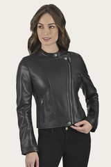 Women’s Black Heathe Leather Racer Jacket Black