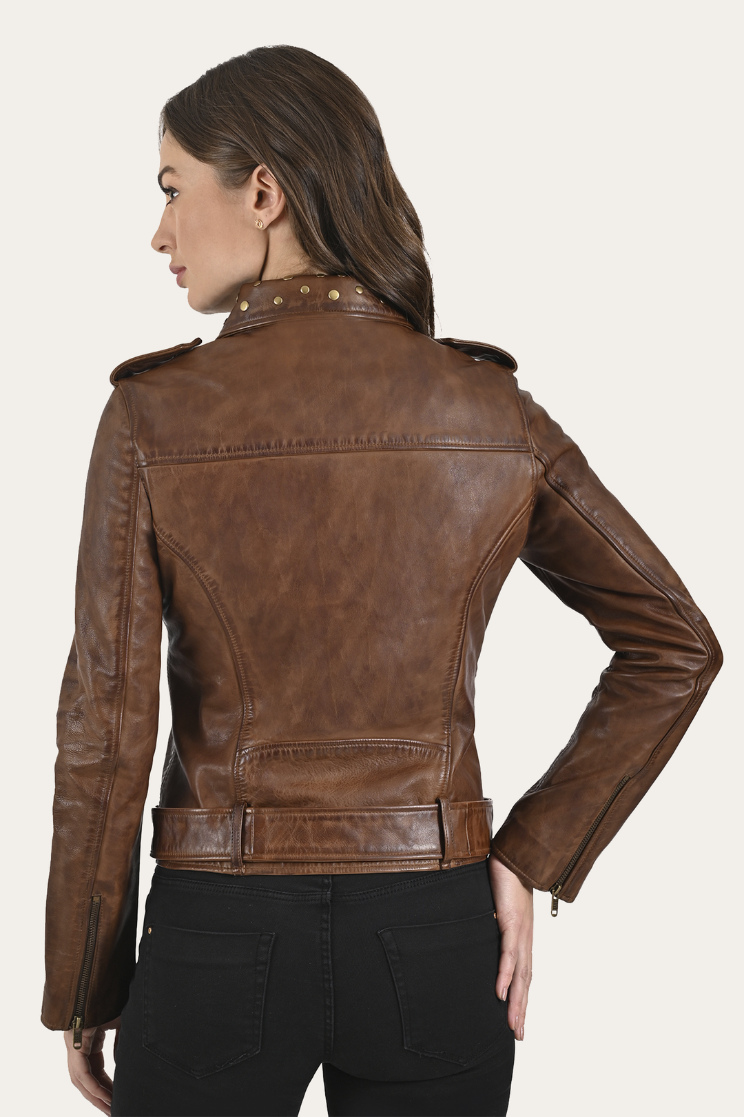 Women’s Tobacco Linc Biker Leather Jacket Tobacco