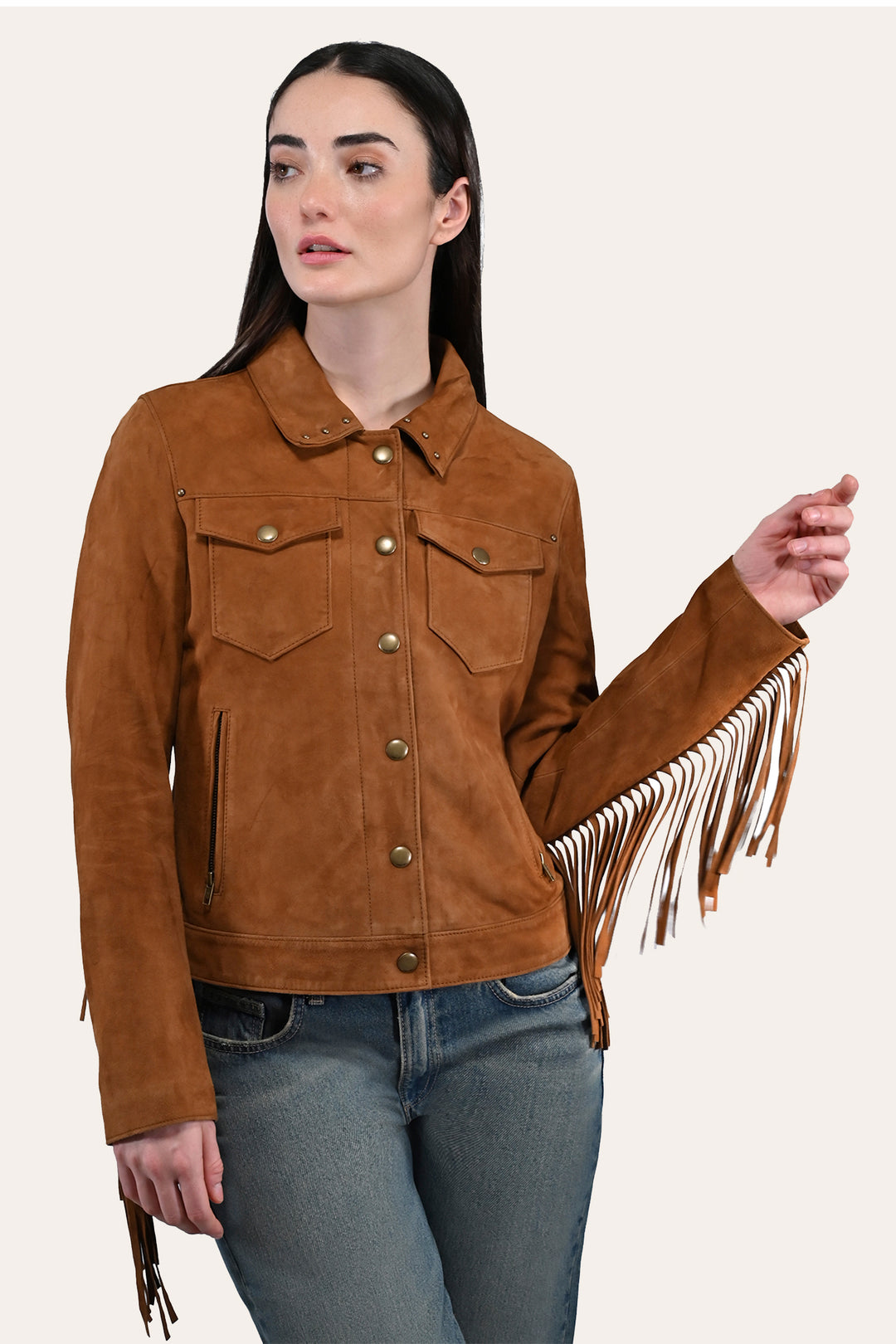 Women’s Medium Brown Nash Fringed Suede Trucker Jacket Medium Brown
