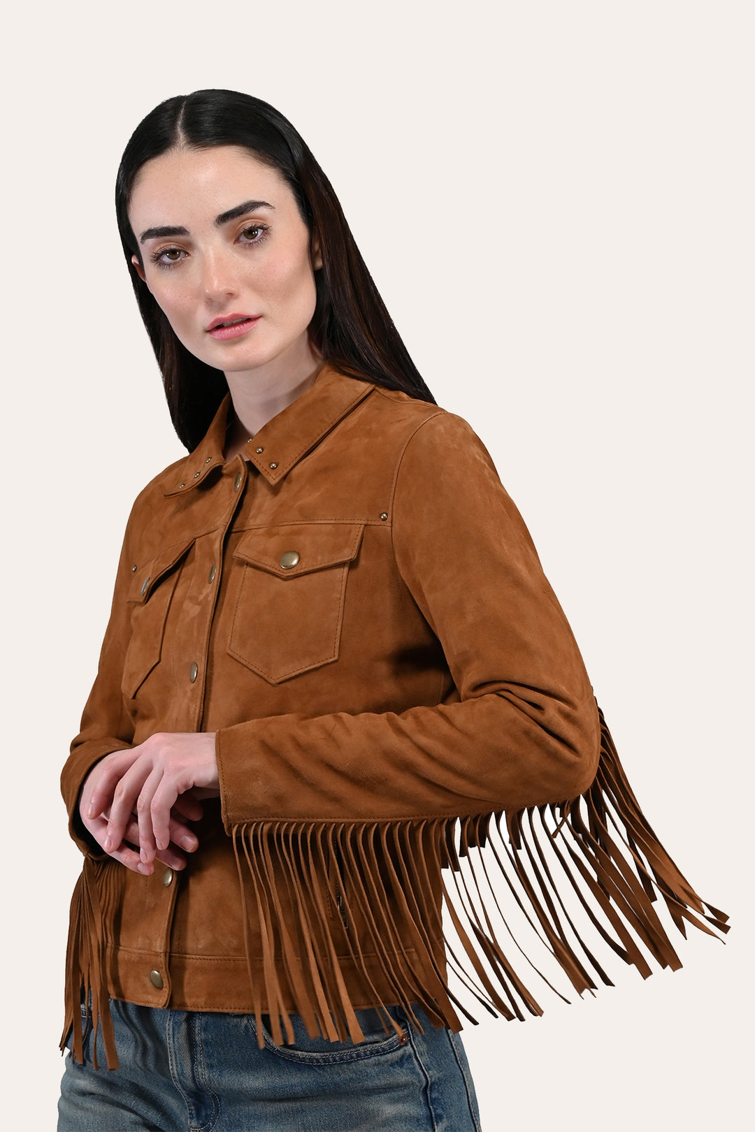 Women’s Medium Brown Nash Fringed Suede Trucker Jacket Medium Brown