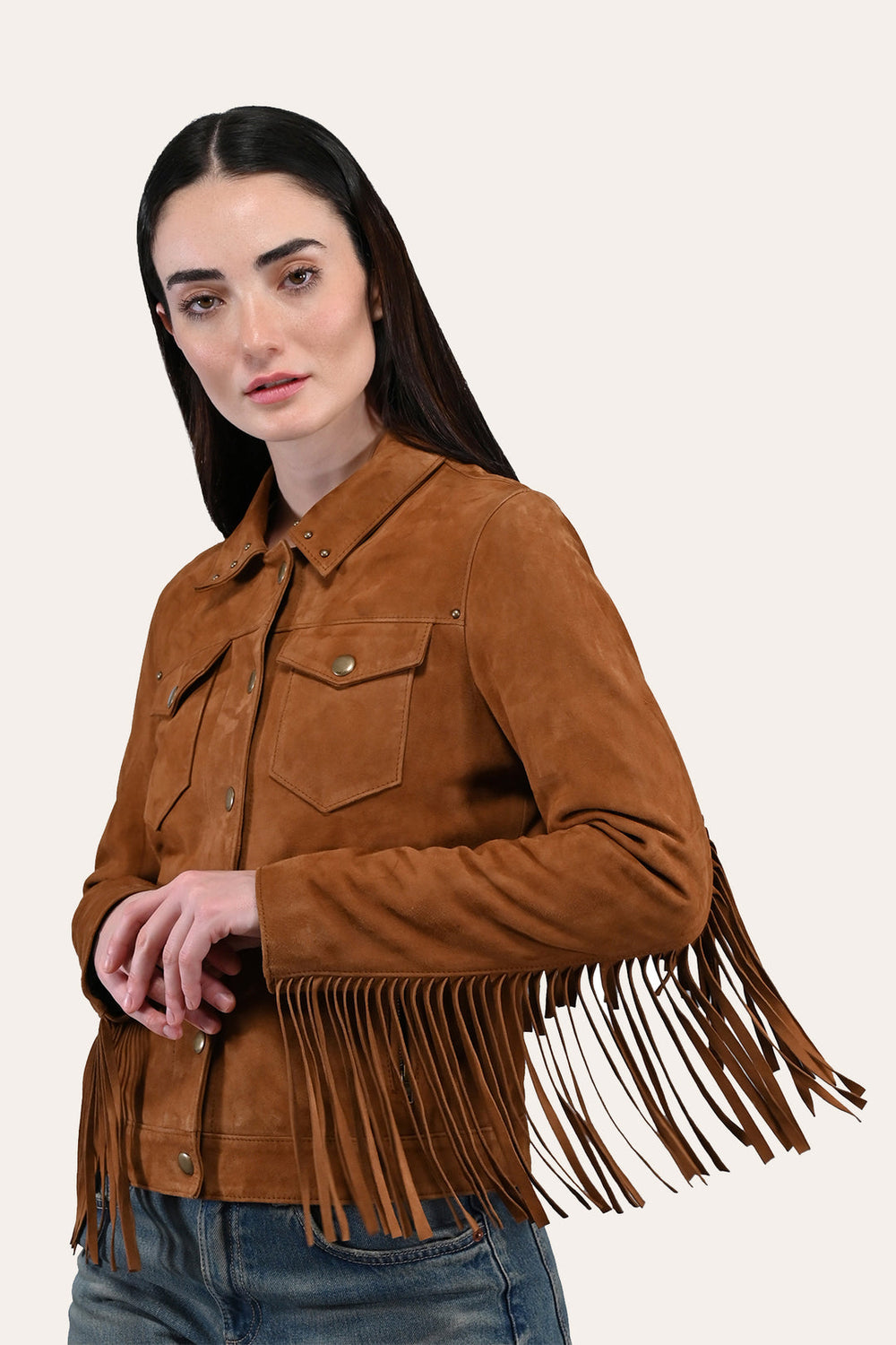 Women’s Medium Brown Nash Fringed Suede Trucker Jacket Medium Brown