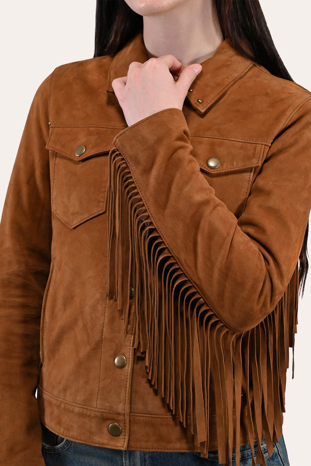 Women’s Medium Brown Nash Fringed Suede Trucker Jacket Medium Brown