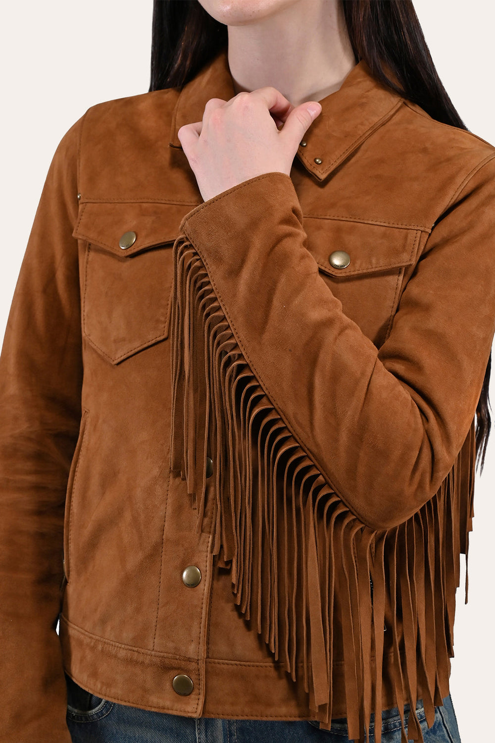Women’s Medium Brown Nash Fringed Suede Trucker Jacket Medium Brown