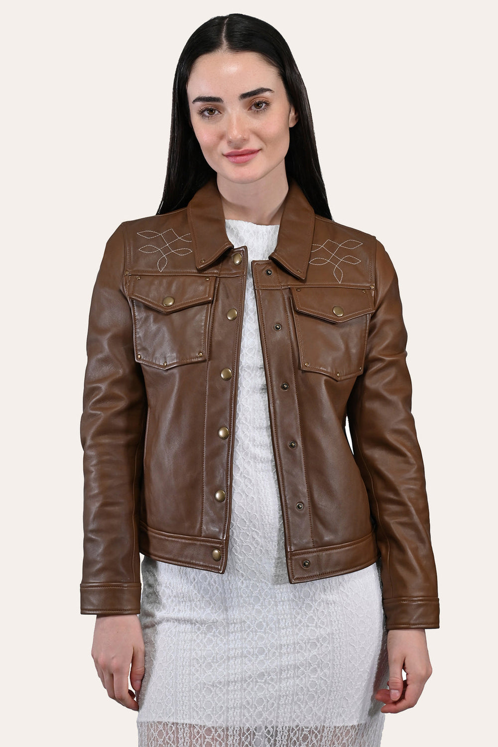 Women’s Medium Brown Callum Trucker Leather Jacket Medium Brown