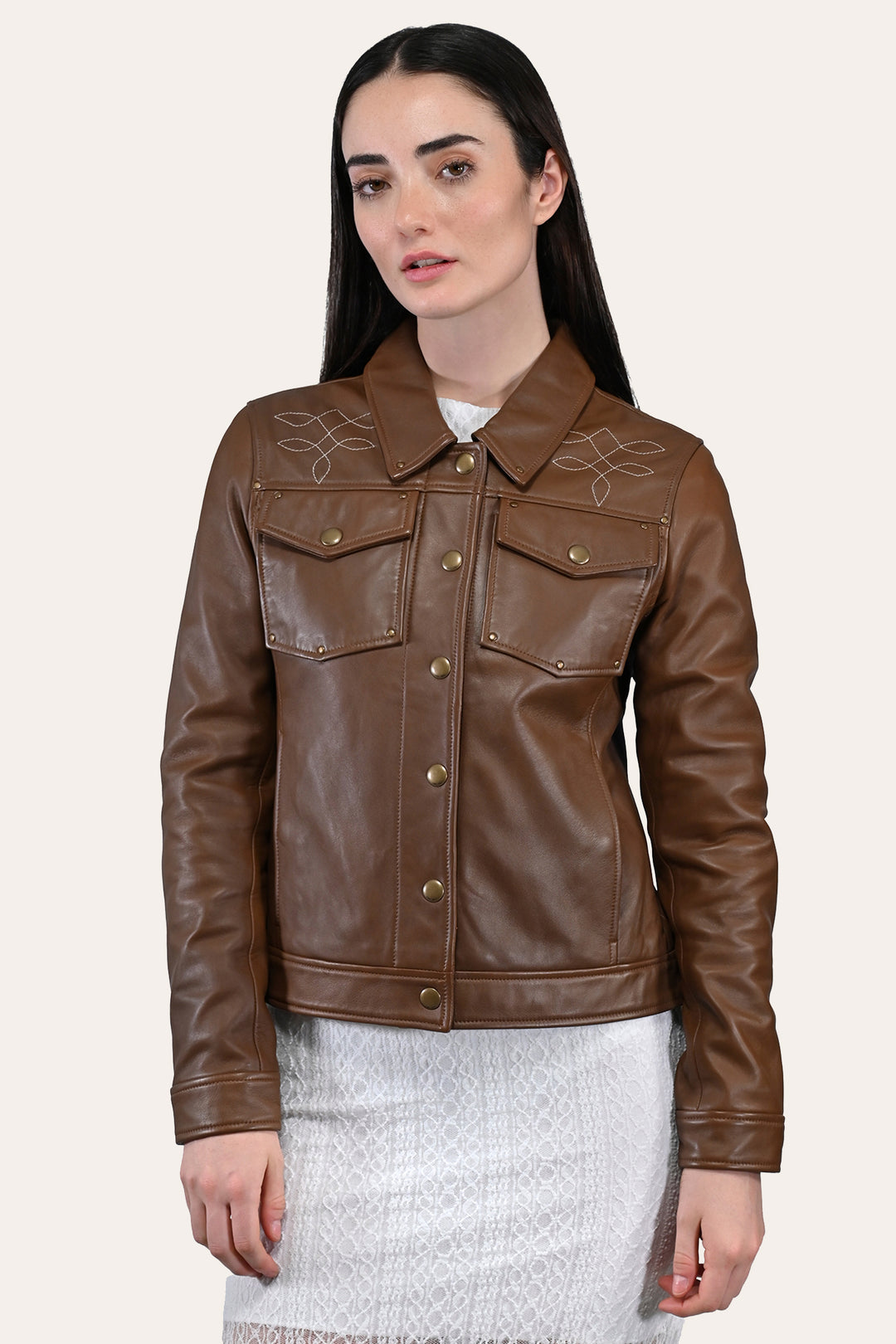 Women’s Medium Brown Callum Trucker Leather Jacket Medium Brown