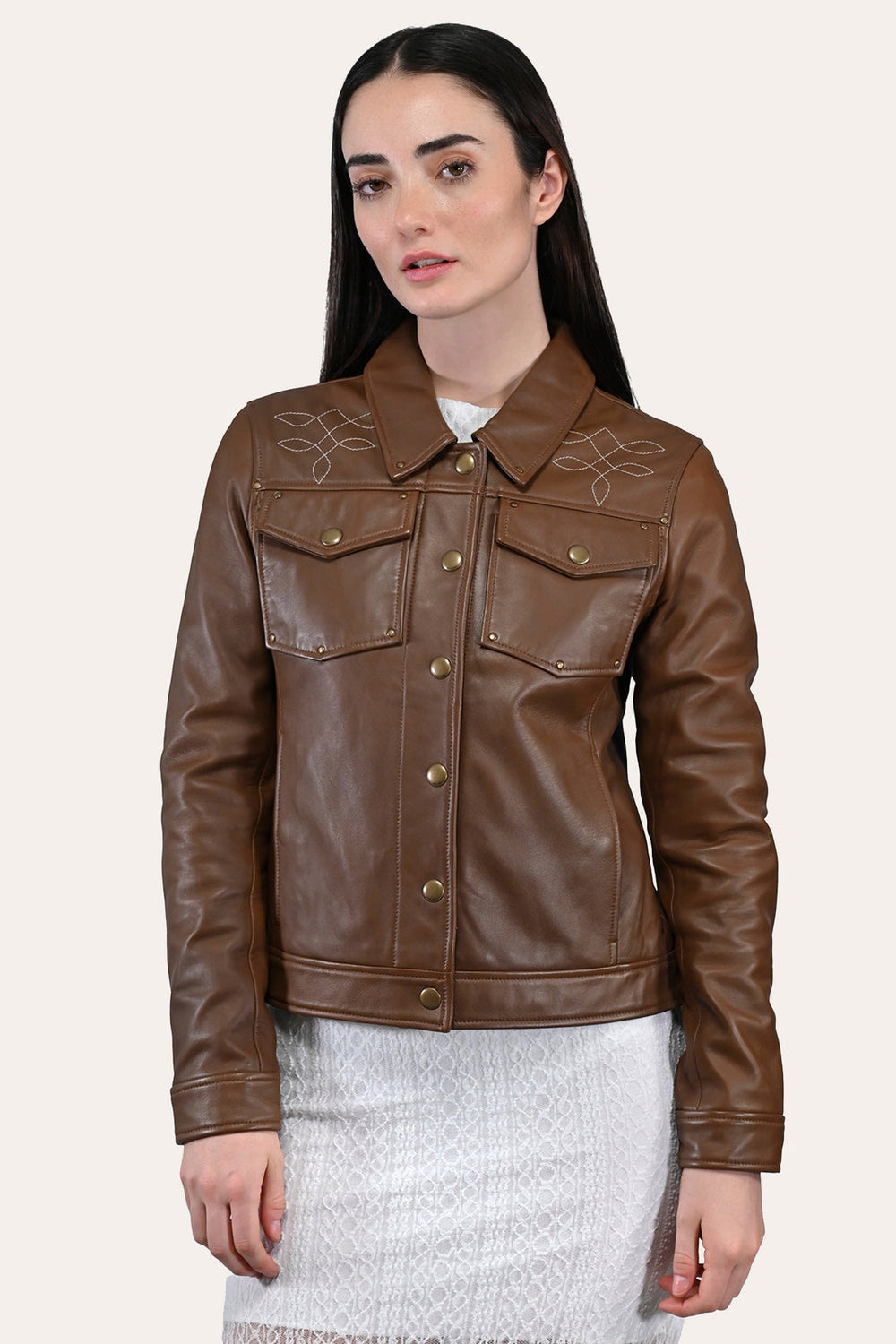Women’s Medium Brown Callum Trucker Leather Jacket Medium Brown