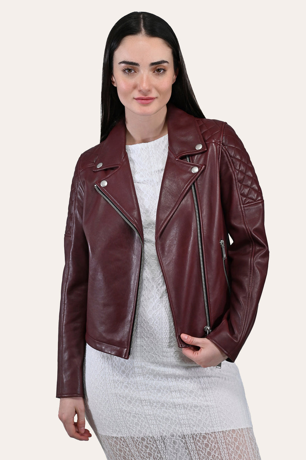Women’s Oxblood Oklahoma Nappa Leather Biker Jacket Oxblood