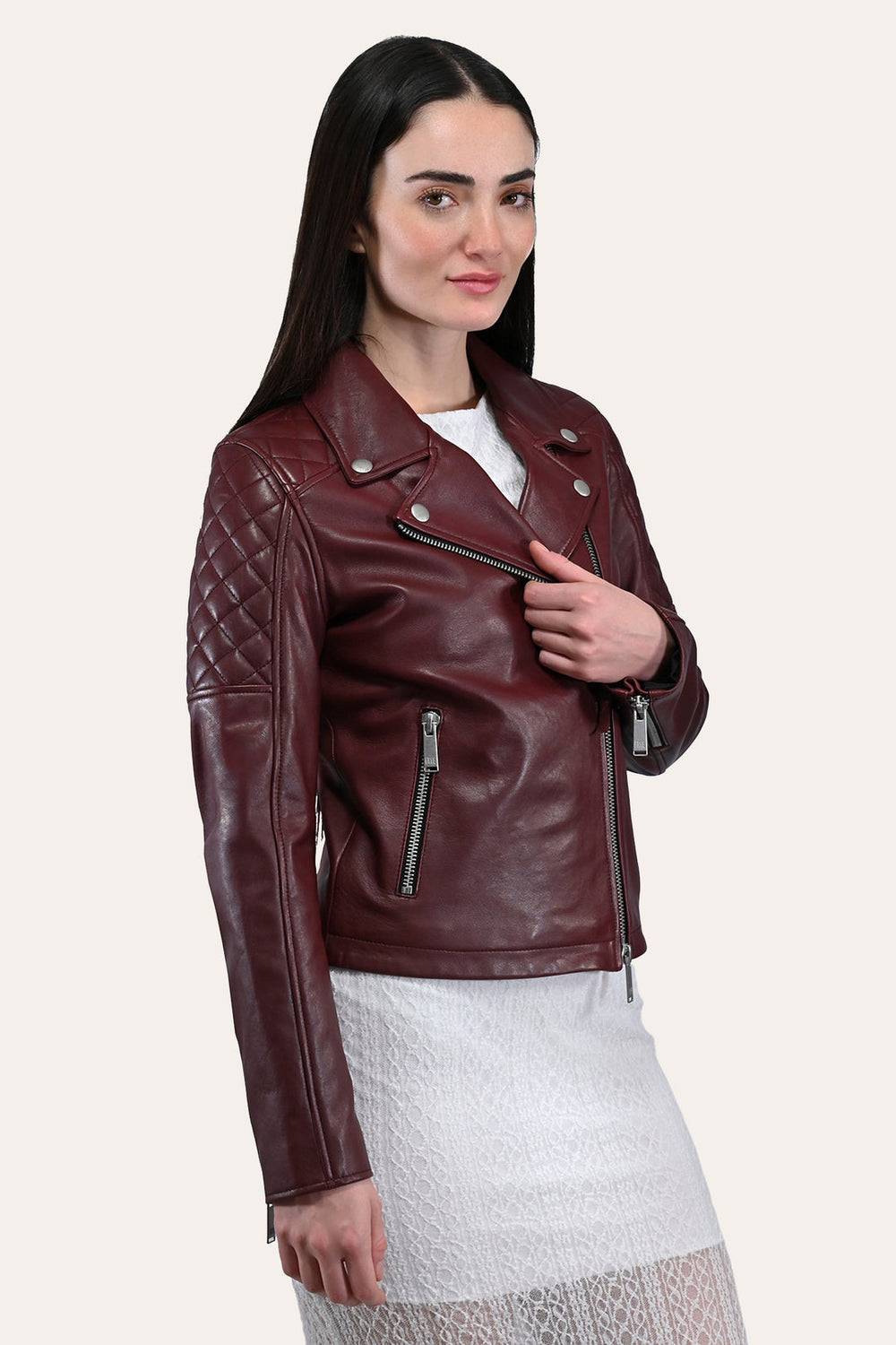 Women’s Oxblood Oklahoma Nappa Leather Biker Jacket Oxblood