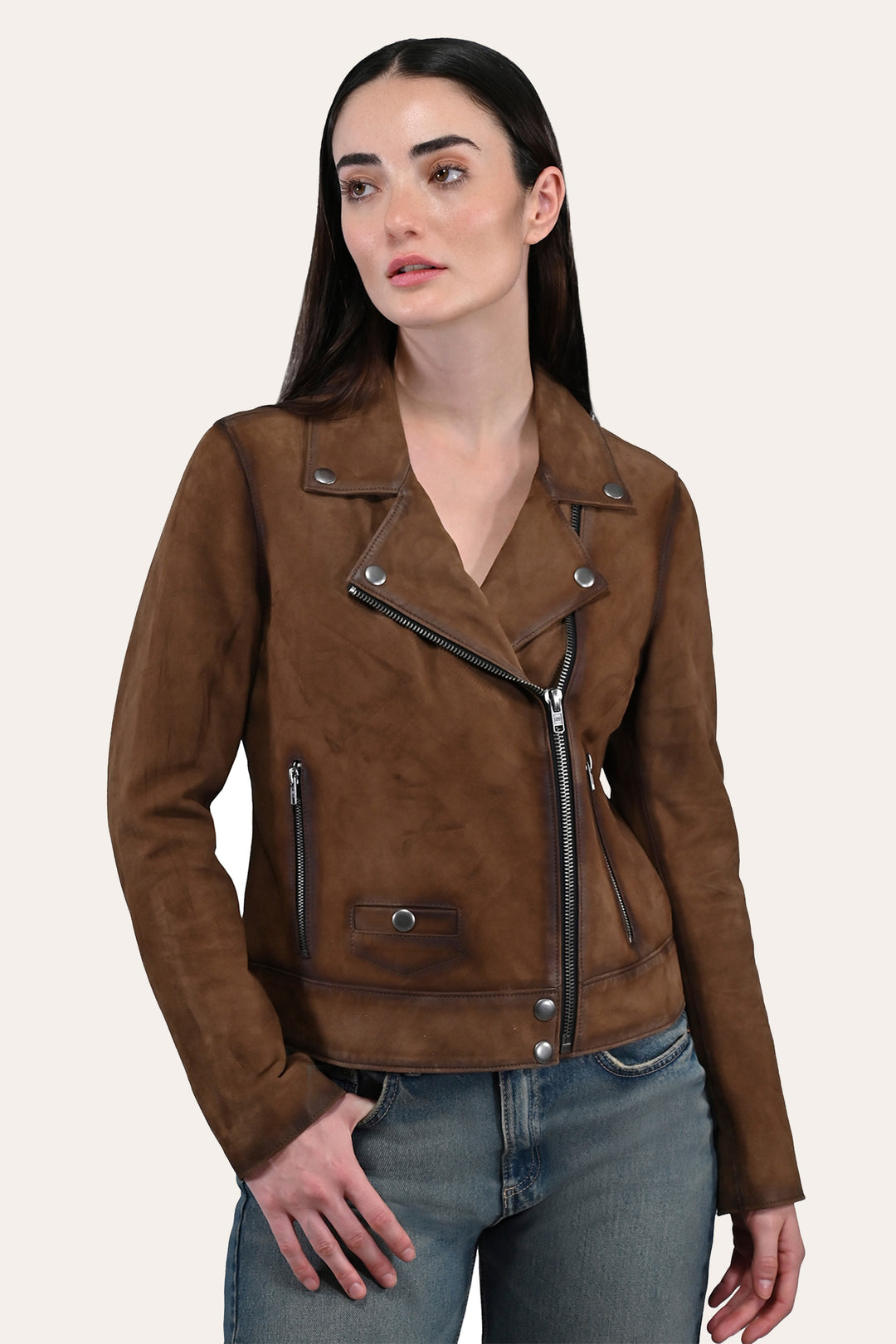 Women’s Dark Taupe Oakley Vintage Suede Biker Jacket Dark taupe