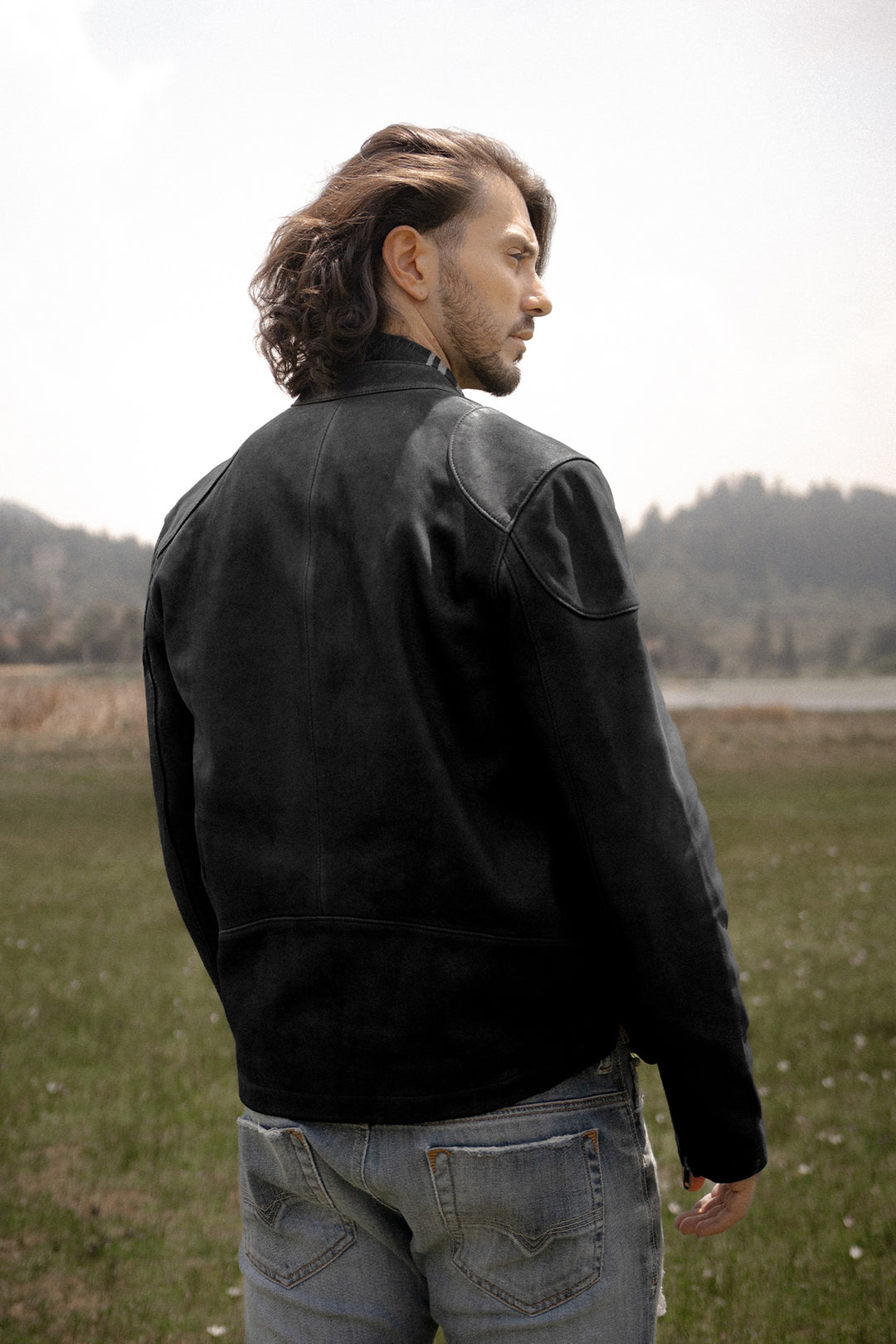Men’s Black Gannon Lamb Leather Racer Jacket Black