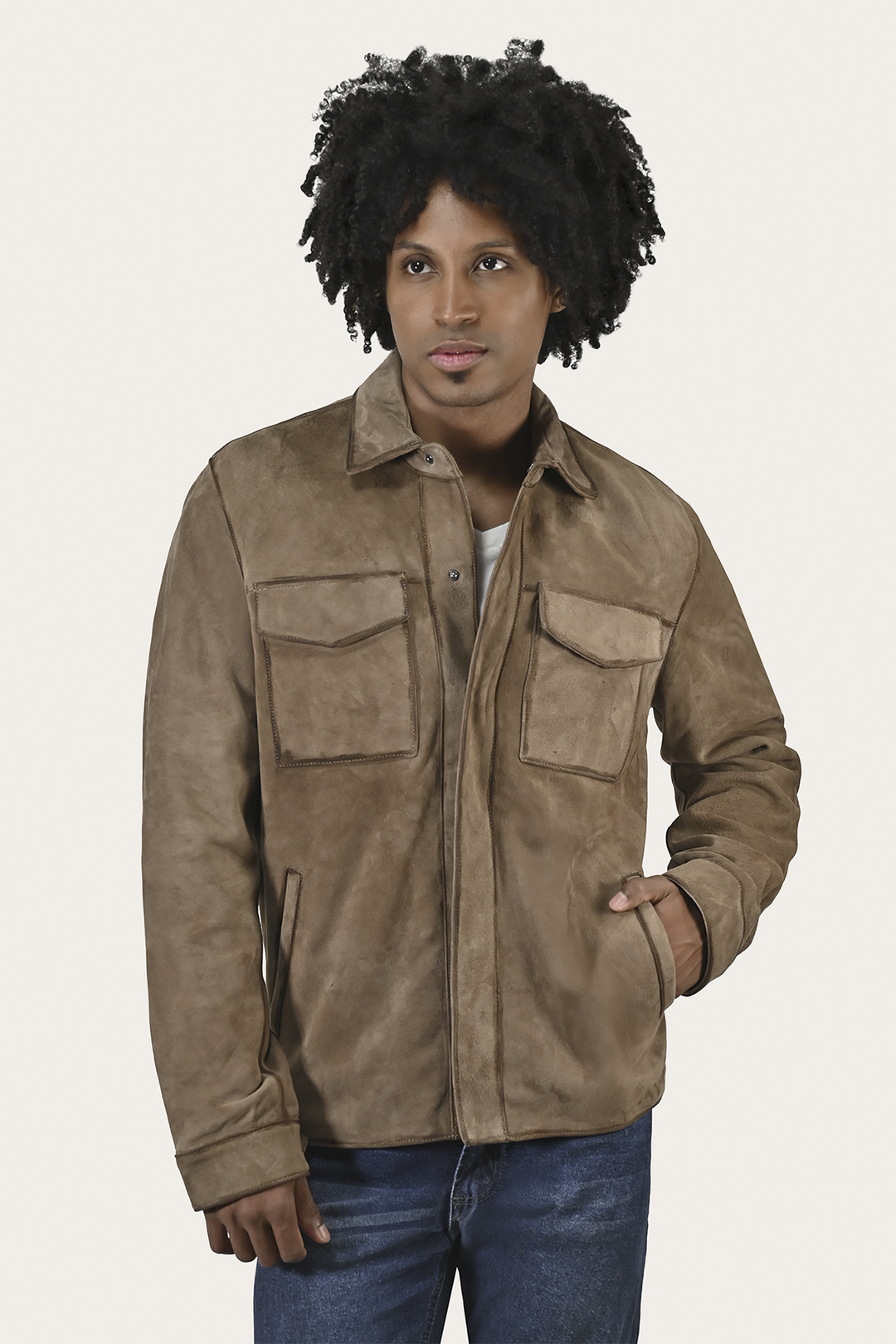 Men’s Taupe Brock Suede Utility Shacket Taupe