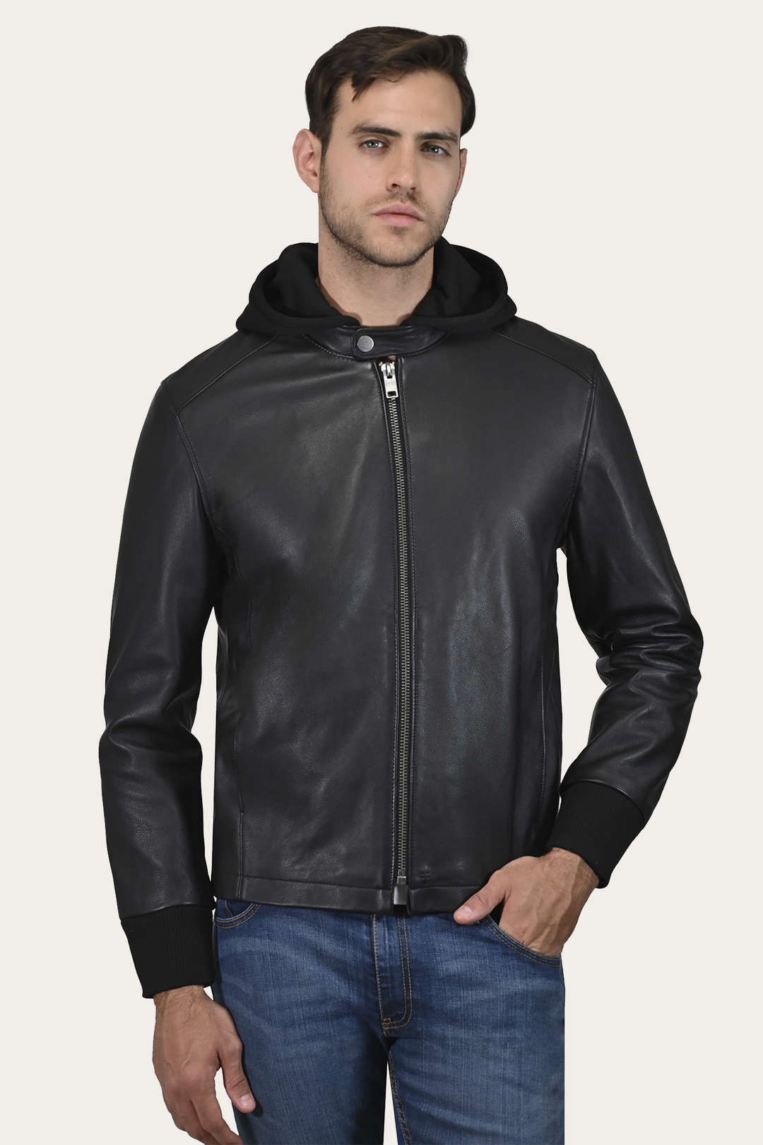 Men’s Black Saddle Racer Leather Hooded Jacket Black