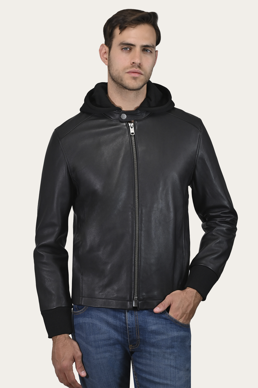 Men’s Black Saddle Racer Leather Hooded Jacket Black