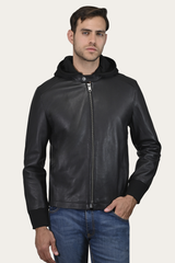 Men’s Black Saddle Racer Leather Hooded Jacket Black