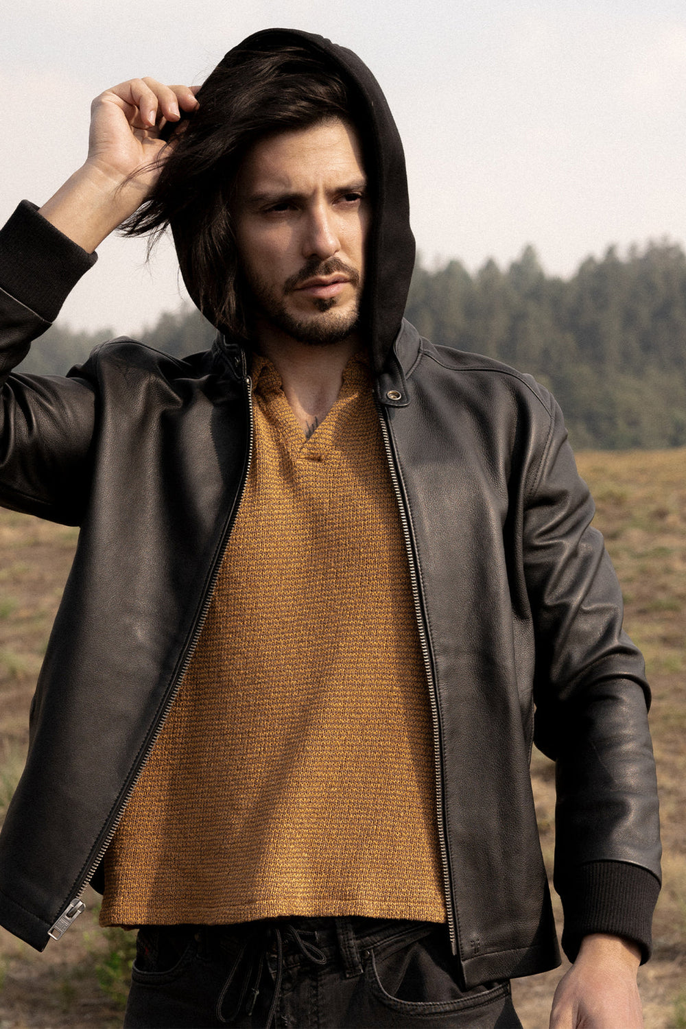Men’s Black Saddle Racer Leather Hooded Jacket Black