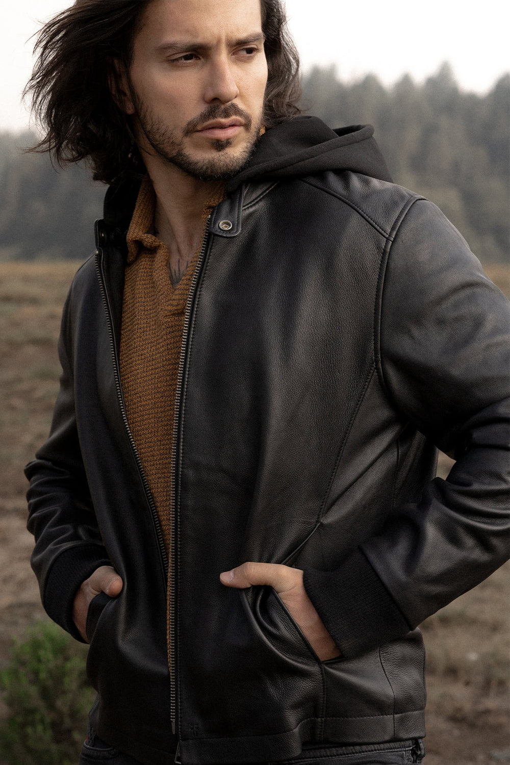 Men’s Black Saddle Racer Leather Hooded Jacket Black