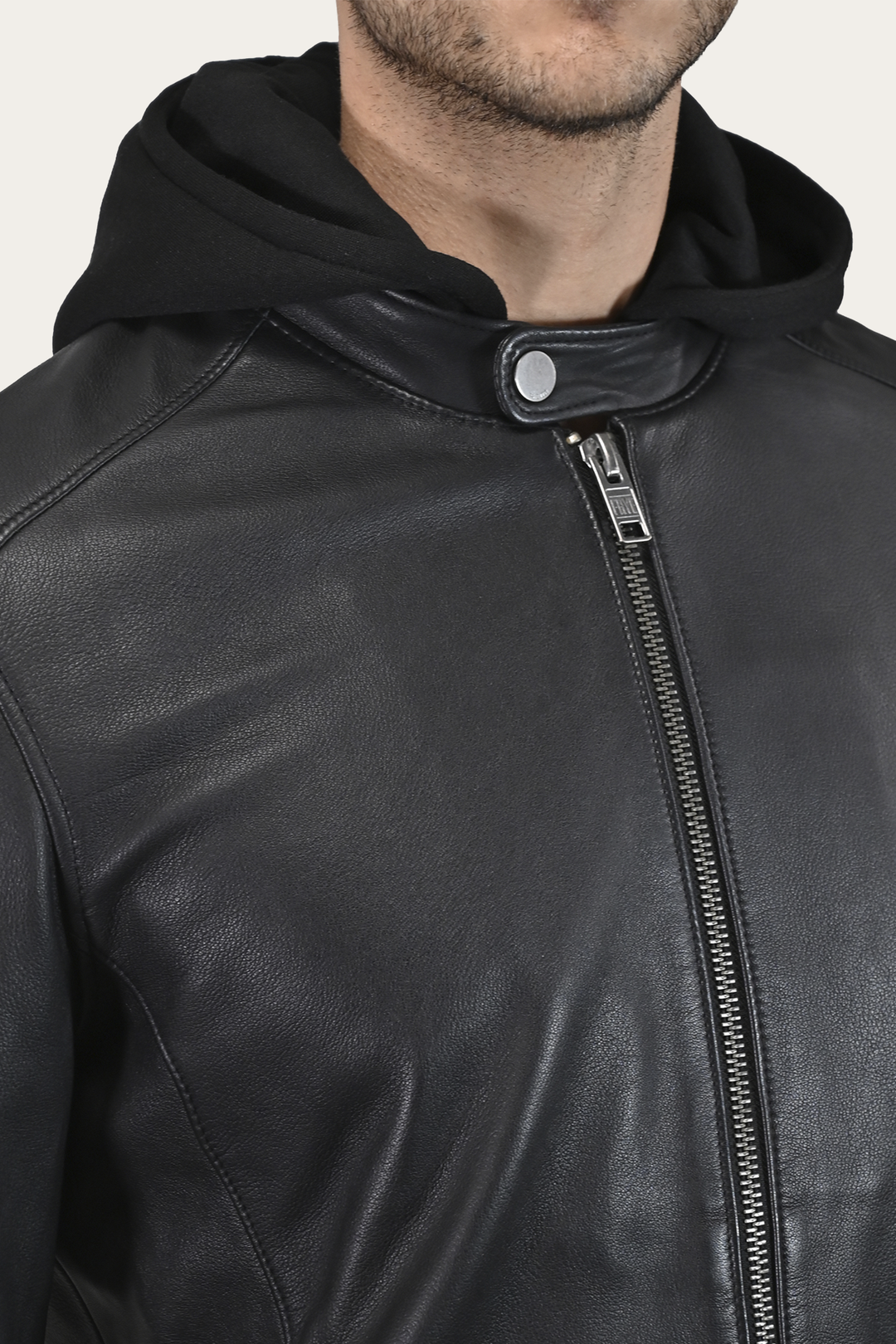 Men’s Black Saddle Racer Leather Hooded Jacket Black