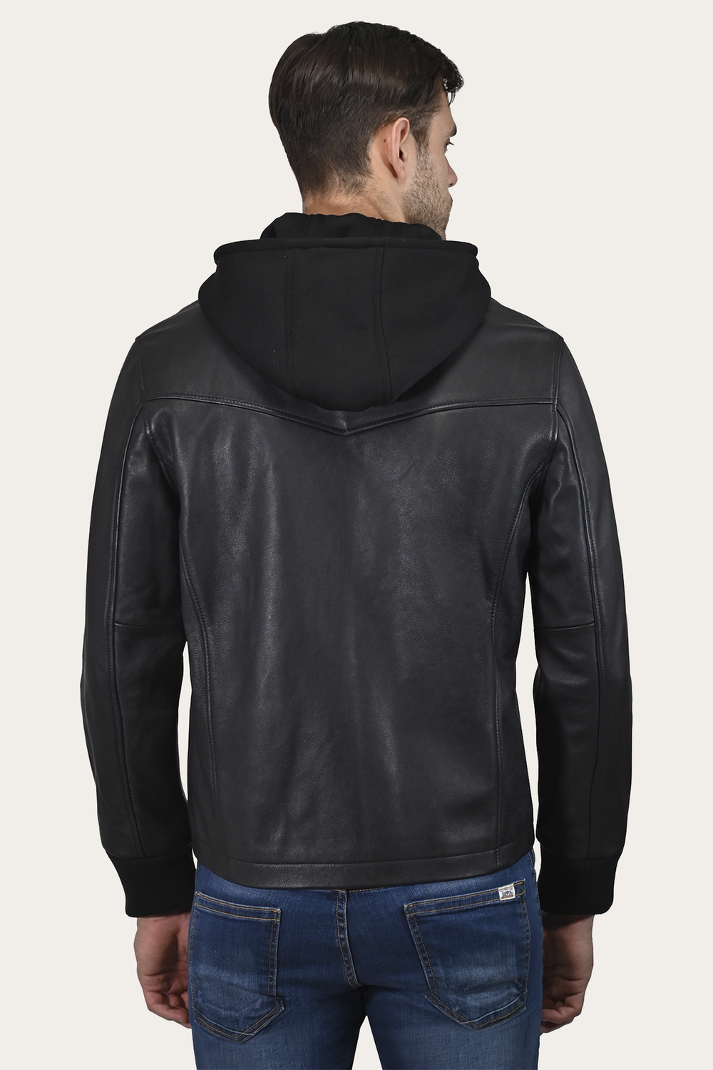 Men’s Black Saddle Racer Leather Hooded Jacket Black