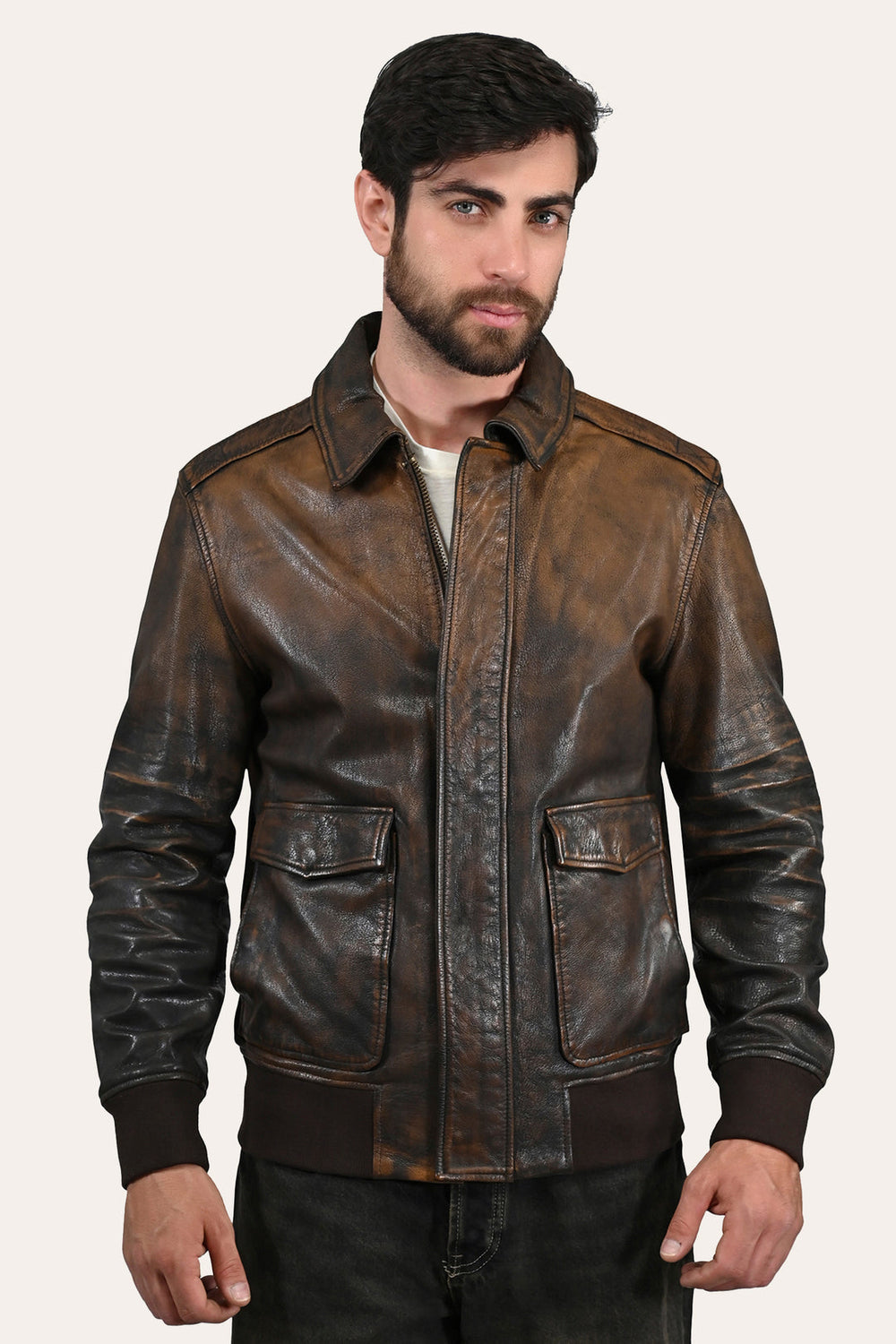 Men’s Brown Beige Nebraska Bomber Leather Jacket Brown/Beige