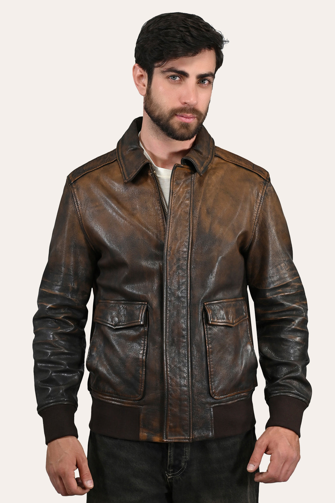 Men’s Brown Beige Nebraska Bomber Leather Jacket Brown/Beige