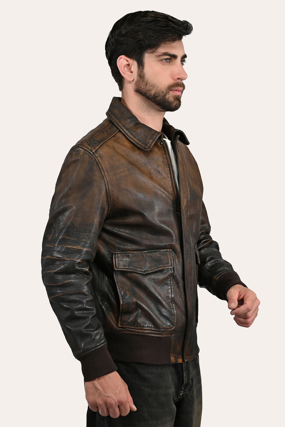 Men’s Brown Beige Nebraska Bomber Leather Jacket Brown/Beige