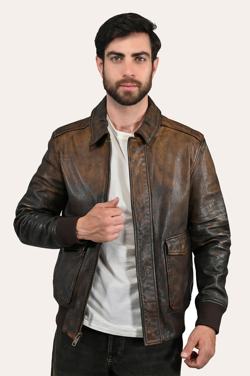 Men’s Brown Beige Nebraska Bomber Leather Jacket Brown/Beige